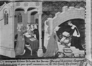 Ms 9393, La cité des dames, fol. 3: Christine mit den drei Frauen beim Bau der Stadt
