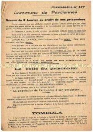 Flugblatt (Rundschreiben) der Stadtverwaltung von Farciennes im besetzten Belgien zu einer Veranstaltung zugunsten belgischer Kriegsgefangener mit einer Tombola