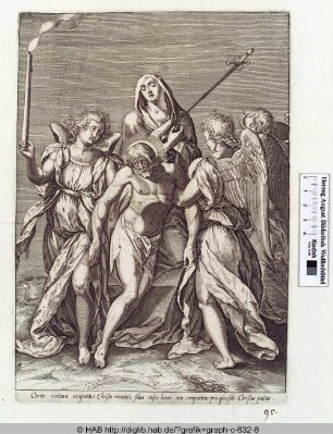 Maria und drei Engel mit dem Leichnam Christi.