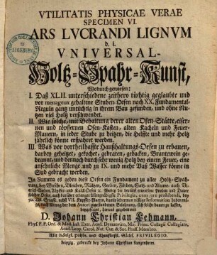 Vtilitatis Physicae Verae Specimem ..., 6.. Ars lucrandi lignum d. i. Universal-Holtz-Spahr-Kunst ...