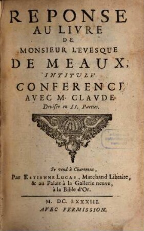 Réponse au Livre de Meaux, intitulé: Conference avec Mons. Claude