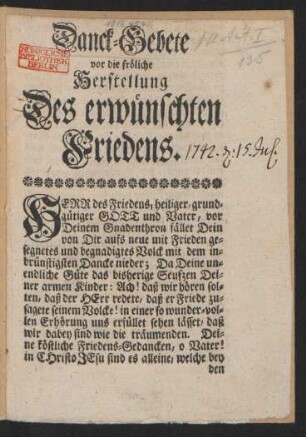 Danck-Gebete vor die fröliche Herstellung Des erwünschten Friedens