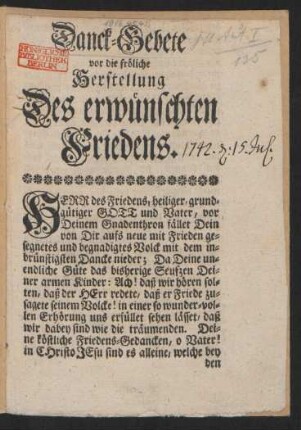 Danck-Gebete vor die fröliche Herstellung Des erwünschten Friedens