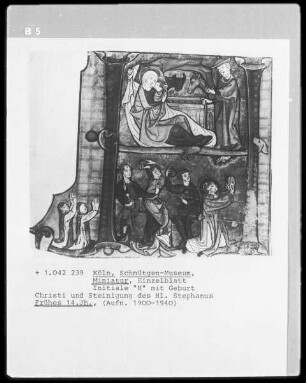 Initiale "H" mit Geburt Christi und Steinigung des Hl. Stephanus