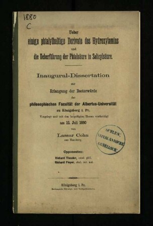 Über einige phtalylhaltige Derivate des Hydroxylamins und die Ueberführung der Phtalsäure in Salicylsäure