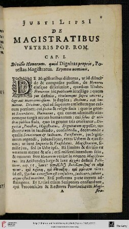 Justi Lipsi de Magistratibus veteris Pop. Rom [Cap. I - XIX]