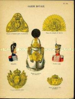 Uniformdarstellung, Grenadier und Schweizer Füsilier, Detailstudien von Grenadiermützen- und Czapka-Blechen, Helm und Kürass verschiedener Regimenter der Königlichen Leibgarde und der Schweizer Garde, Königreich Frankreich, 1815/1816.