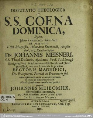 Disputatio Theologica De S. S. Coena Dominica