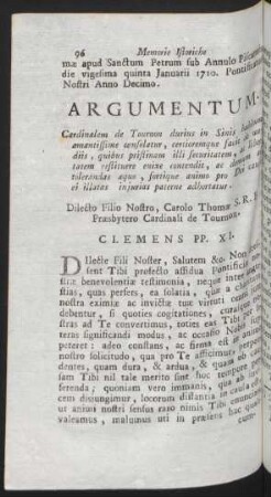 Argumentum. Cardinalem de Torno durius in Sinis habitum ... Dilecto Filio Nostro, Carolo Thomae S. R. E. ... Clemens PP. XI.