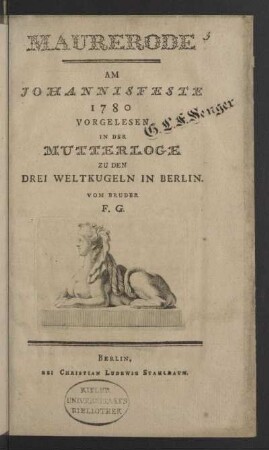 Maurerode Am Johannisfeste 1780 Vorgelesen In Der Mutterloge Zu Den Drei Weltkugeln In Berlin