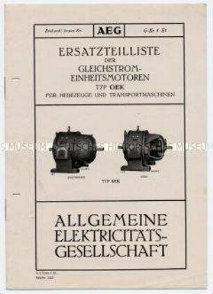 Ersatzteilliste der Gleichstrom-Einheitsmotoren Typ GEK für Hebezeuge und Transportmaschinen