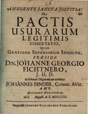 De Pactis Usurarum Legitimis Dissertatio