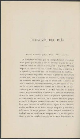 Fisonomía del país : Proyecto de un nuevo partido político. - Ateneo nacional.