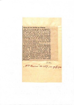 Zeitungsartikel "Ehrung für Carl Friedrich von Kielmeyer"