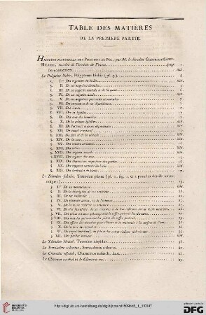 Table des matières de la premiere partie