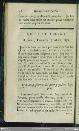Lettre CCCCXII. A Paris, Vendredi 15. Mars, 1680