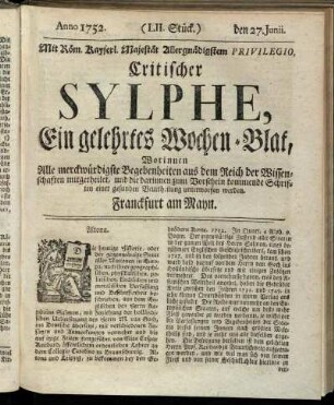 (LII. Stück.) den 27. Junii. Anno 1752.