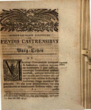De Fevdis Castrensibvs : = Von Burg-Lehen