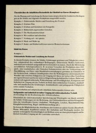 Übersicht über die inhaltlichen Bestandteile des fakultativen Kurses (Komplexe)