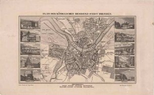 Stadtplan von Dresden mit den Vororten und 10 kleinen Ansichten von Dresdner Gebäuden