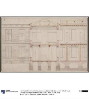 Berlin. Akademiegebäude Unter den Linden. Teilaufriss der Fassade, Teillängsschnittdetail und Querschnitt
