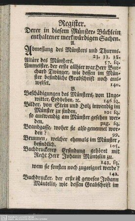 Register. Derer in diesem Münster-Büchlein enthaltener merkwürdigen Sachen