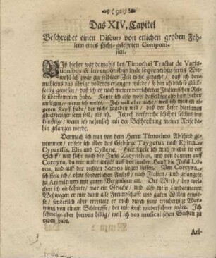 Das XIV. Capitel Beschreibet einen Discurs von etlichen groben Fehlern eines leicht-gelehrten Componisten.