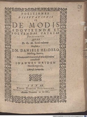 Positiones disputationis II. de modis adquirendae et solvendae patriae potestatis