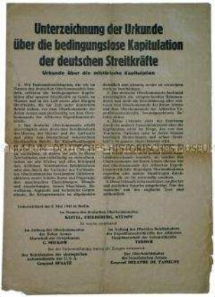 Flugblatt mit dem Text der Kapitulationserklärung der deutschen Streitkräfte vom 8. Mai 1945