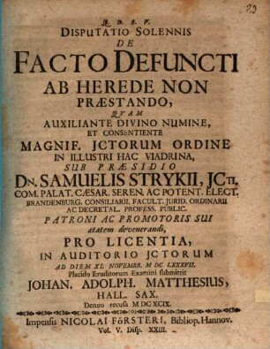 Disputatio Solennis De Facto Defuncti Ab Herede Non Praestando