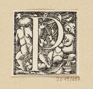 Buchstabe P mit zwei spielenden Kindern, Initiale zu einem römischen Majuskel-Alphabet