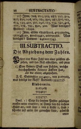 III. Subtractio. Die Abziehung derer Zahlen.
