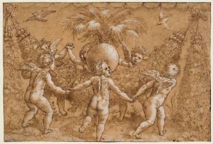 Sechs Amorinen tanzen um eine Palme (nach einem von Tommaso di Andrea Vincidor nach einem Entwurf von Giovanni da Udine auf der Basis von Bildideen Raffaels ausgeführten Modello für eine der Tapisserien mit "Giochi di Putti" für die Sala di Costantino im Vatikan, Rom)