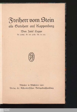 Freiherr vom Stein als Gutsherr auf Kappenberg