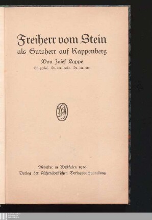 Freiherr vom Stein als Gutsherr auf Kappenberg