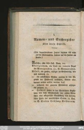 I. Namen- und Sachregister über diese Schrift.