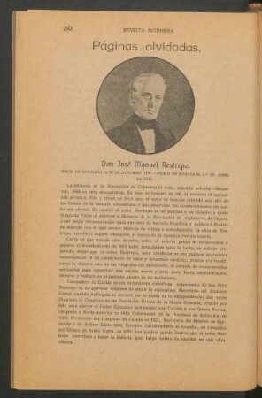 Páginas olvidadas. : [Biografía de] Don José Manuel Restrepo.