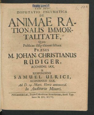Disputatio Pneumatica De Animae Rationalis Immortalitate