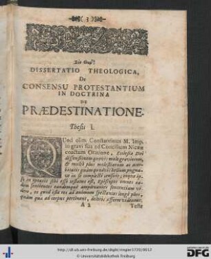 Dissertatio Theologica. De Consensu Protestantium In Doctrina De Praedestinatione.