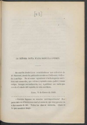 La Señora Doña Juana Manuela Gorriti.