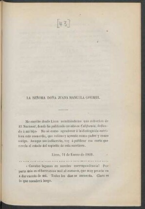 La Señora Doña Juana Manuela Gorriti.