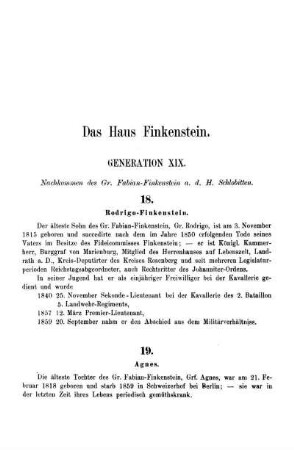Das Haus Finkenstein. Generation XIX