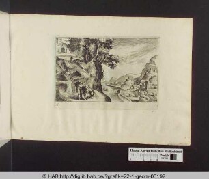 Mann und Frau in einer bergigen Landschaft mit Stadtansicht