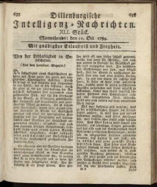 XLI. Stück. Sonnabends: den 11. Oct. 1794.