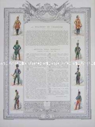 Uniformdarstellung, Rüstungen und Uniformen von Soldaten des 10. Jäger-Regiments zu Pferde und Zeittafel von Schlachten und Belagerungen mit Beteiligung dieses Regiments bzw. seiner Vorläufer, Frankreich, 1763-1871.