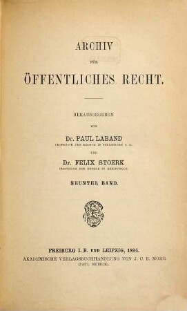 Archiv für öffentliches Recht. 9. 1894