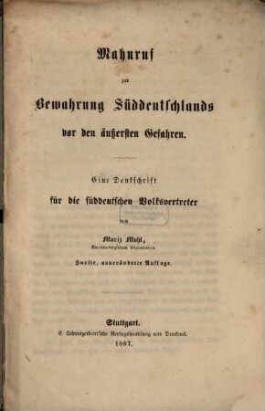 Mahnruf zur Bewahrung Süddeutschlands vor den äußersten Gefahren : eine Denkschrift für die süddeutschen Volksvertreter