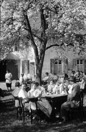 Vogtsburg: Gartenlokal unter Blüten, Tische näher