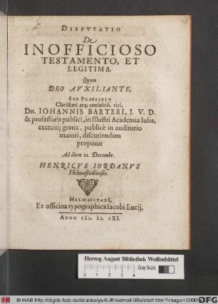 Disputatio De Inofficioso Testamento, Et Legitima