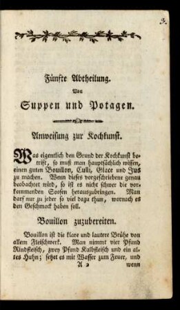 Fünfte Abtheilung. Von Suppen und Potagen.
